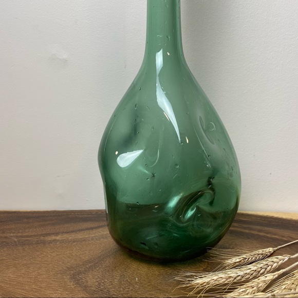 Emerald Green Genie Bottle, Mid Century Art Glass Decanter, Pinched Glass Bottle - Picture 2 of 10